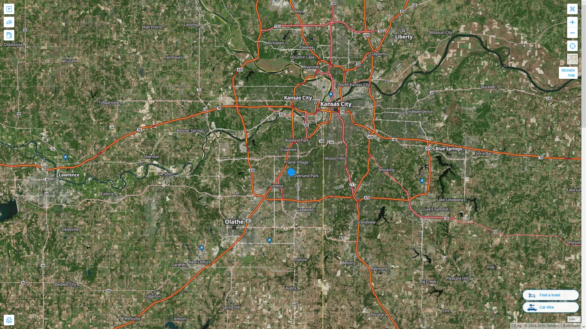 Overland Park Kansas Highway and Road Map with Satellite View